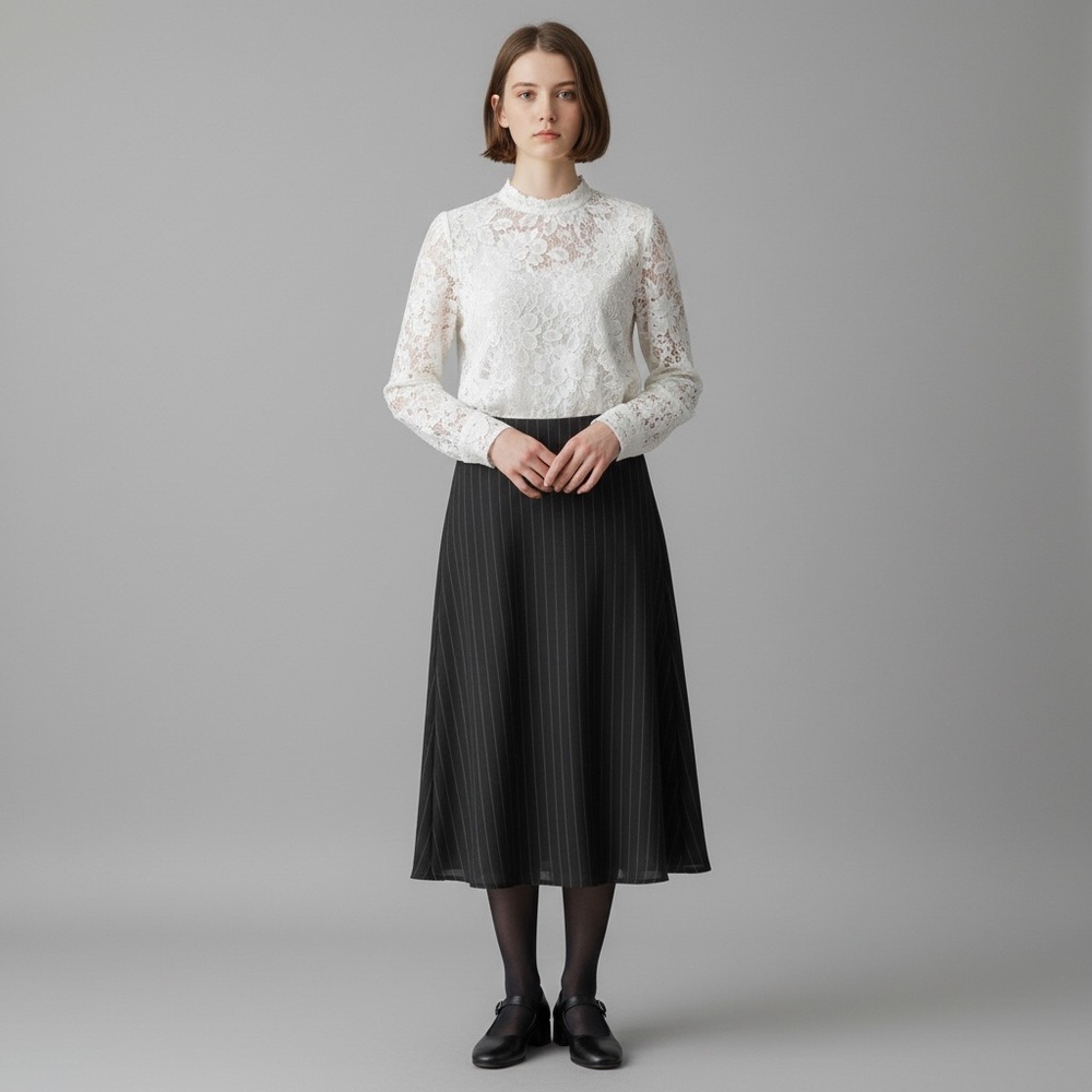 Sisley Elegant Black PinStriped Midi Skirt Goth Knee Length